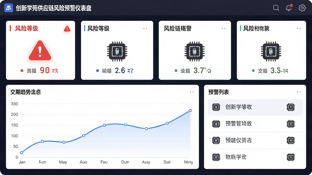 创新学苑供应链风险预警仪表盘,主体为数据看板,布局上方为风险等级卡片,下方为交期趋势折线图与预警列表,排版规整,风格为数据可视化商务风,细节包含红色预警标识与芯片物料图标,画质清晰,干净,无多余元素