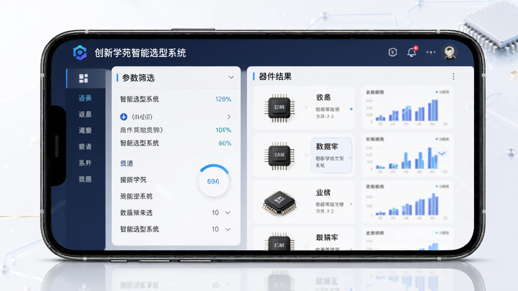 手机屏幕显示创新学苑智能选型系统界面,主体为参数筛选面板与器件列表,布局清晰,左侧为筛选条件,右侧为匹配结果,排版简洁现代,风格为科技商务风,细节包含芯片图标与数据图表,画质高清,干净,无多余元素