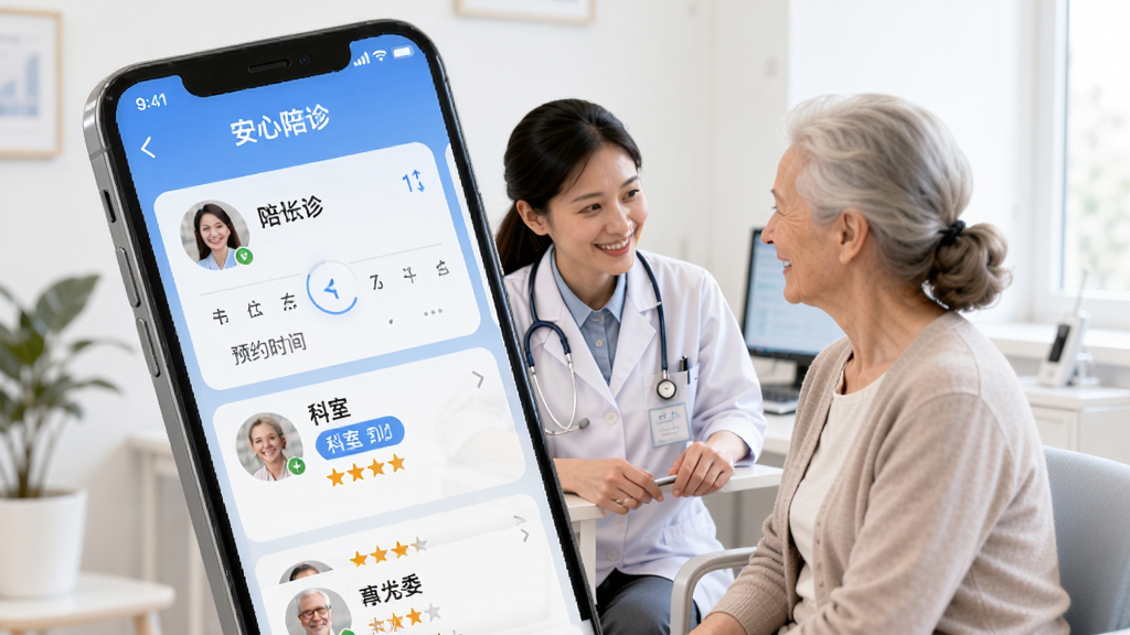 �ֻ���Ļչʾ������APPԤԼ���棬����Ϊһλ���Ű״�ӵ�������Ա�뻼��΢Ц���������ֲ��ÿ�Ƭʽ�б�չʾ������Ա��Ϣ���Ű��������࣬���Ϊ�ִ�ҽ�ƿƼ��磬ϸ�ڰ���ԤԼʱ��ѡ���������ұ�ǩ�������Ǽ������ʸ��壬�ɾ����޶���Ԫ��