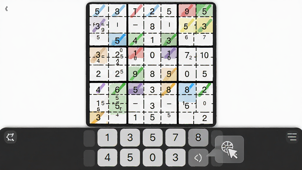 数独导师软件界面展示,主体为九宫格数独棋盘,布局清晰,棋盘上有彩色标记单元格,数字键盘位于下方,整体风格简洁明快,细节上体现候选数模式与长按操作提示,画质高清,干净无多余元素,适合作为软件功能介绍配图