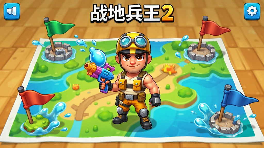 战地兵王2游戏主界面,卡通风格水枪战士角色站立在彩色地图中央,四周有据点旗帜和水花特效,明亮活泼的休闲游戏画面,干净整洁,高清画质