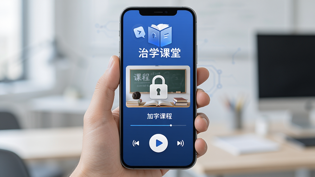 ��ѧ����App���ֻ���Ļ��չʾ���ܿμ����Ž��棬����Ϊһֻ�ֳ������ֻ�����Ļ��ʾ�γ���Ƶ����Ȩ��ʶ�����־��У��Ϸ�����ѧ�������ֱ�ʶ���Ű��࣬���Ϊ�ִ��Ƽ��У�ϸ�ڰ�������ͼ��Ͳ��Ű�ť�������������ɾ����޶���Ԫ��