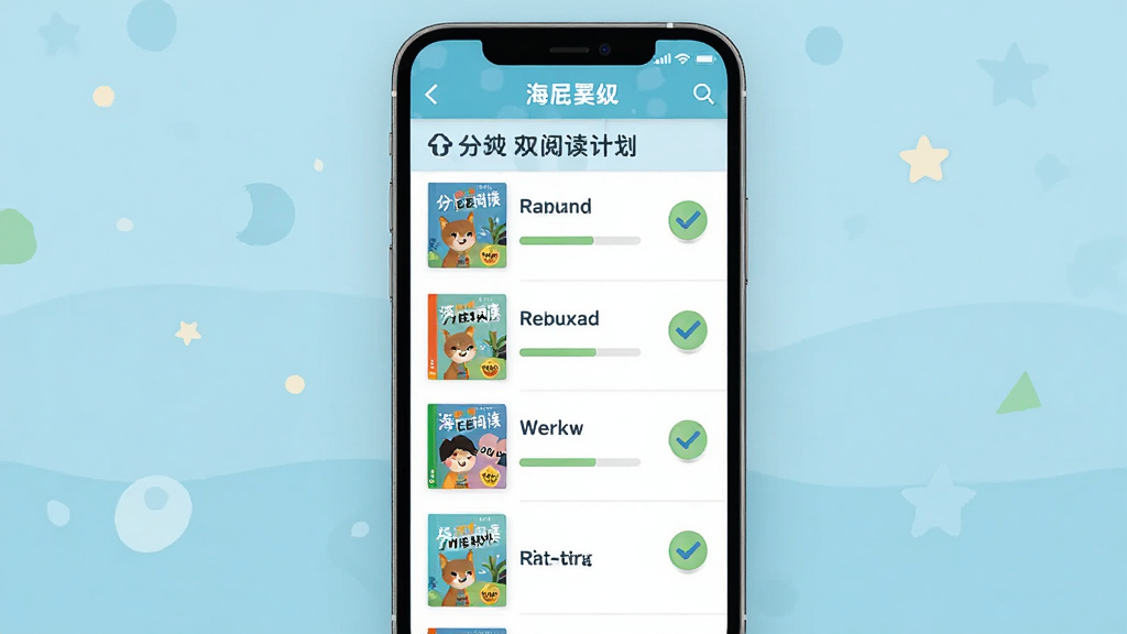 海尼曼英语软件界面展示,主体为手机屏幕中显示分级阅读书籍列表和阅读计划日历,布局居中,排版清晰,风格清新童趣,细节包含彩色书籍封面、进度条和打卡图标,画质干净,无多余元素