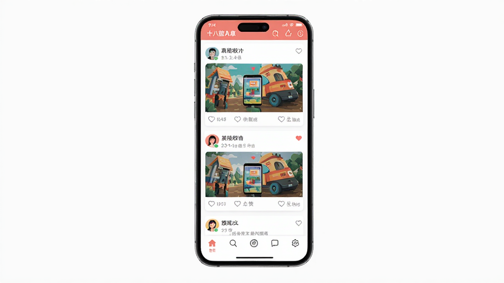 手机屏幕展示十八腔APP界面,主体为一部现代智能手机,布局为居中放置,屏幕内显示色彩鲜艳的社区信息流和底部导航栏,排版简洁,风格为扁平化UI设计,细节包括帖子缩略图、用户头像和点赞图标,画质清晰,干净,无多余元素。