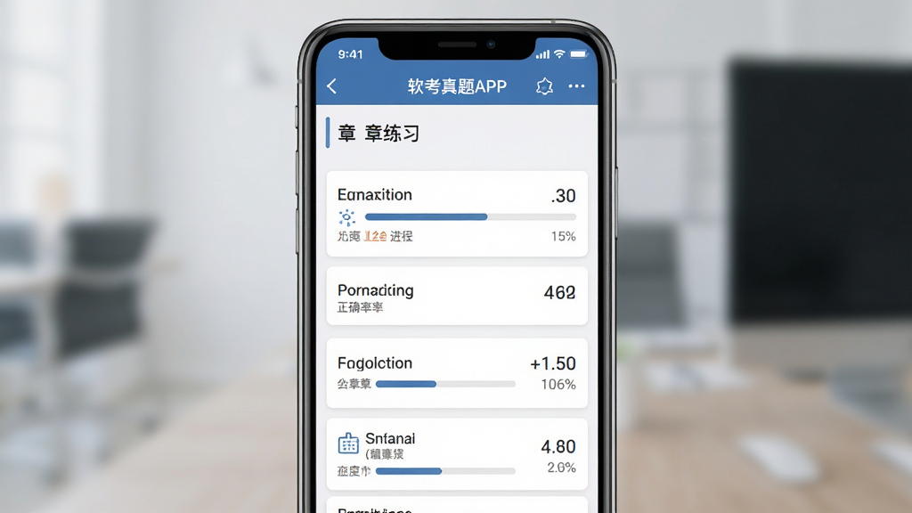 软考真题APP界面截图,主体为手机屏幕展示章节练习列表,布局居中,排版为上下结构,风格简约商务,细节包含进度条和正确率百分比,画质清晰,干净,无多余元素