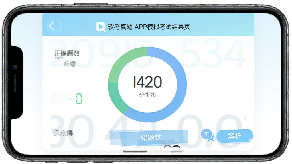 软考真题APP模拟考试结果页,主体为手机屏幕显示分数环形图,布局居中,排版为上下结构,风格清新浅色,细节包含正确题数、错题数和解析按钮,画质清晰,干净,无多余元素