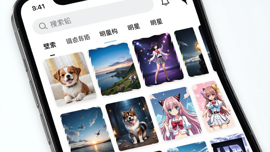 壁纸图片大师海量壁纸资源库界面,主体为手机屏幕展示分类壁纸列表,布局采用网格排列展示多张壁纸缩略图,排版为顶部搜索栏加下方分类标签和壁纸网格,风格清新明亮色彩丰富,细节包含萌宠、风景、明星、动漫等分类图标和预览小图,画质高清干净无多余元素