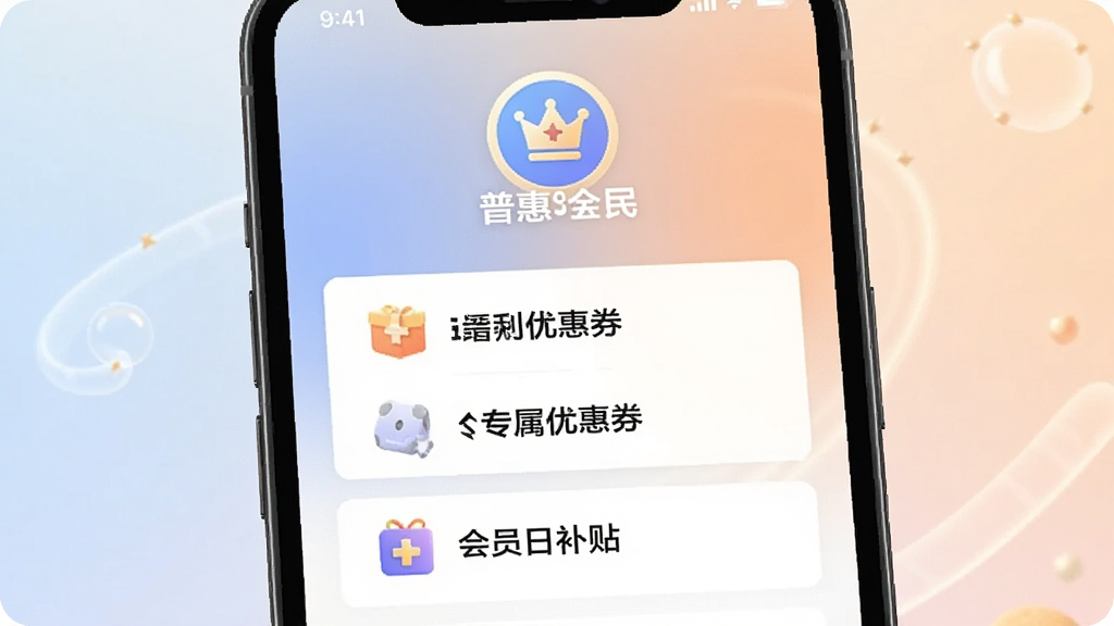 �ֻ���չʾ���ջ�ȫ��APP�Ļ�ԱȨ��ҳ�棬ҳ����ÿ�Ƭʽ���֣��Ϸ��л�Ա��ʶ���м��г�����������ר���Ż�ȯ����Ա�ղ�����Ȩ����Ŀ������Ϊ��ͽ���ɫ��������ɾ����࣬�����������޶���Ԫ��