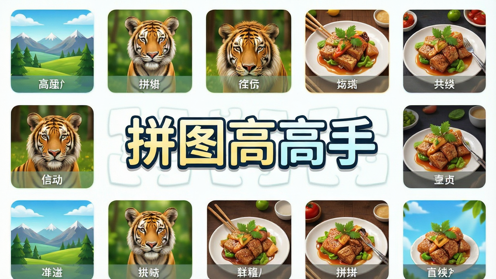 ƴͼ�߸�����Ϸ�����棬չʾ�������ͼ������ͼ�������У������羰�������ʳ�ȷ����ǩ�������м��С�ƴͼ�߸��֡����ֱ��⣬����������񣬸ɾ����࣬���廭��