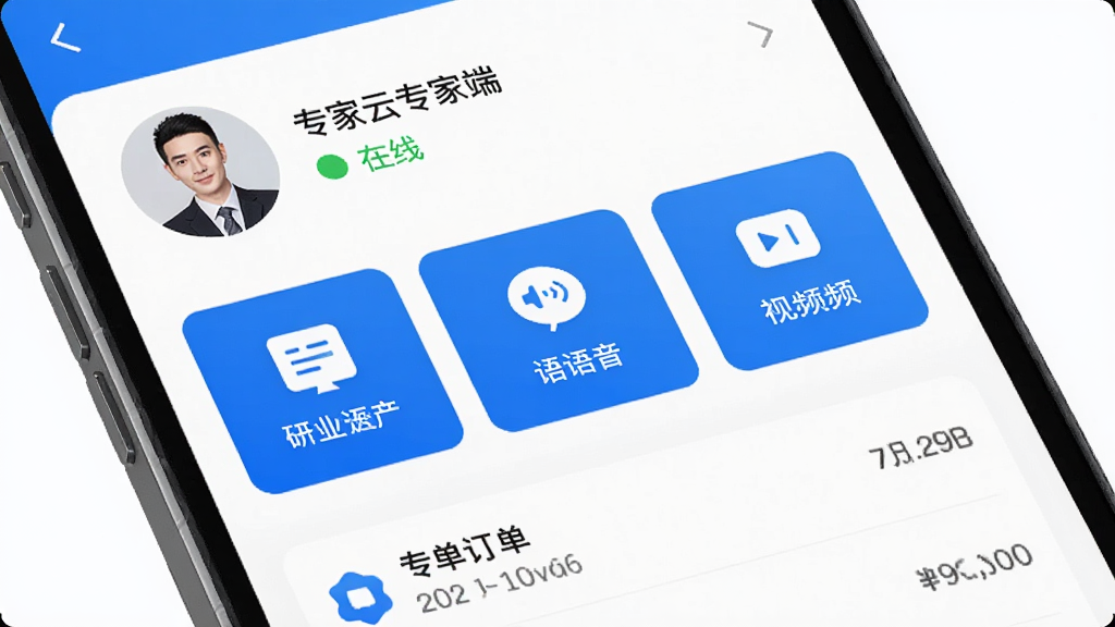 �ֻ���Ļչʾר����ר�Ҷ�APP���棬������ʾר��ͷ�������״̬���м�Ϊͼ�ġ���������Ƶ��������ť�������У��ײ��ж����б������ּ�࣬�Ű�����������ִ�����ϸ��Ϊ��ɫ��ɫ��ͼ�꣬���ʸ��壬�ɾ����޶���Ԫ��