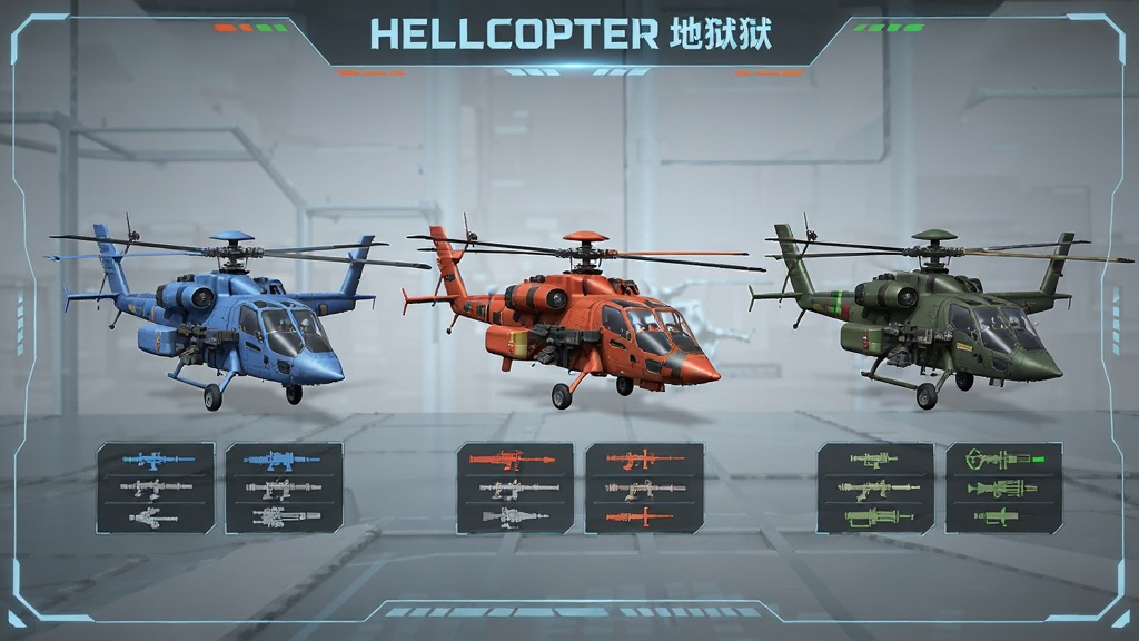 HellCopter����ֱ���������ѡ����棬��ͬͿװ����װֱ����չʾ��ÿ��ֱ����������������ͼ�꣬3D�����񣬿ƻþ��·磬�����࣬�߻��ʣ��ɾ��޶���Ԫ��