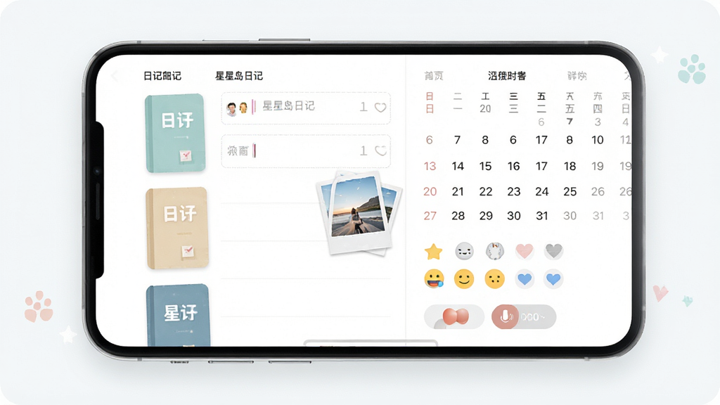 星星岛日记App界面展示,主体为手机屏幕显示日记本列表和日历视图,布局为左右分栏,左侧显示日记本封面,右侧显示月历和心情图标,排版简洁清晰,风格为清新淡雅扁平化设计,细节包含文字输入框、照片缩略图、心情表情、录音按钮,画质高清,画面干净,无多余元素
