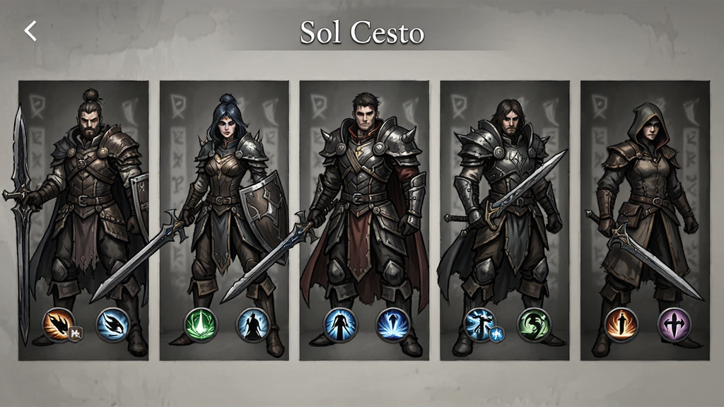 Sol Cesto ��Ϸ��ɫѡ����� ����Ϊ��λ�������Ӣ������ ����Ϊ��������չʾ �Ű����� ���Ϊ��������ֻ�� ϸ�ڰ�����ɫװ���ͼ���ͼ�� ���ʸ��� �ɾ� �޶���Ԫ��