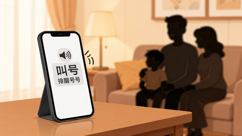 该你啦排队叫号场景图,主体是家庭客厅中手机放在桌上显示叫号提醒,布局左侧手机右侧人物剪影,排版横向,风格温馨扁平,细节有语音波纹图标,画质清晰,干净无多余元素