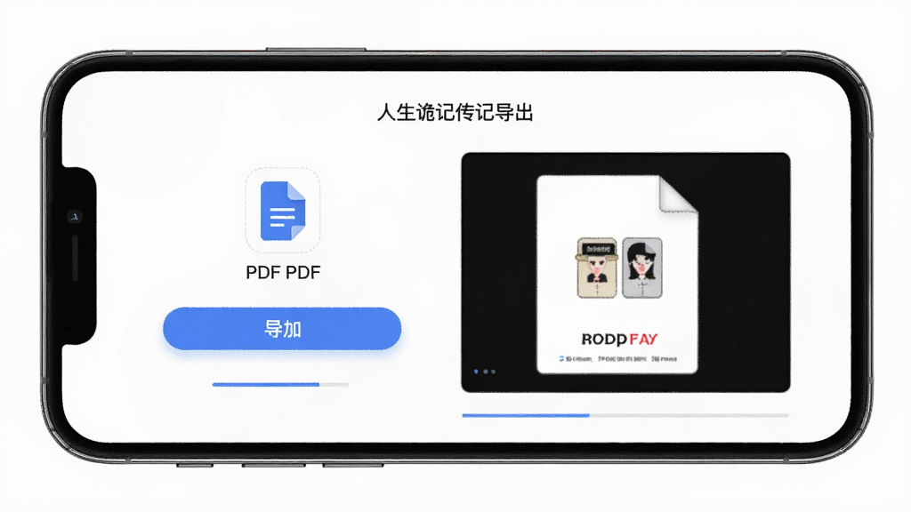 人生诡记传记导出PDF操作界面,主体为手机屏幕显示导出按钮与PDF预览,布局为居中手机样机,排版清晰,风格为简约商务,细节包含按钮高亮、文件图标、进度条,画质高清,干净,无多余元素