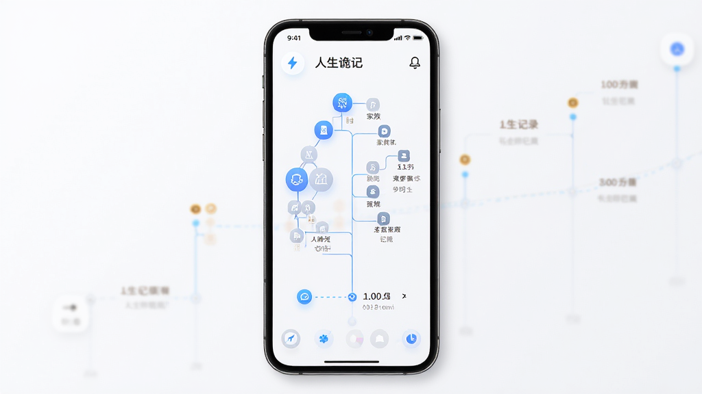 人生诡记应用界面展示,主体为手机屏幕中显示家族树与人生记录时间线,布局为居中手机样机,排版简洁清晰,风格为现代科技感,细节包含图标、文字标签与连接线,画质高清,干净,无多余元素