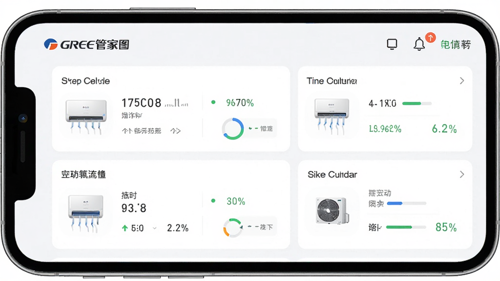 格力管家App主界面展示,手机屏幕中显示多台商用空调设备列表和实时运行状态,布局清晰,排版整齐,简约科技风格,细节精致,高清画质,干净无多余元素