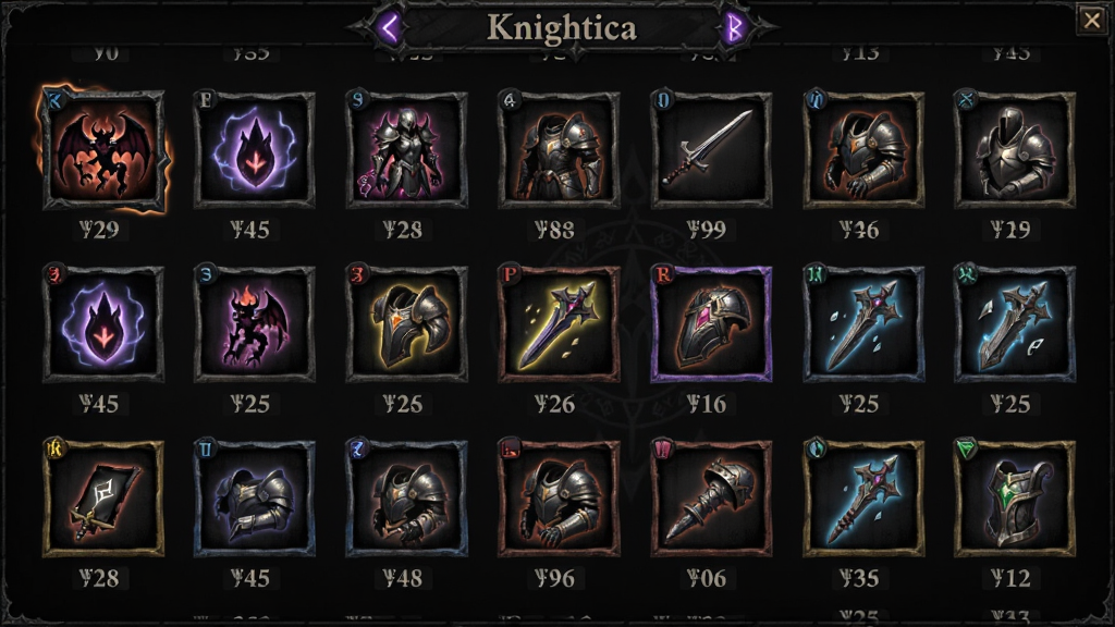 Knighticaװ�����棬����Ϊ��ħ���������װ������ͼ����У����ֲ���������������У��Ű�����չʾװ��������ȼ������Ϊ����ħ��UI���ϸ�ڰ��������Ч��װ��Ʒ�ʱ߿򣬻��������ɾ��޶���Ԫ��