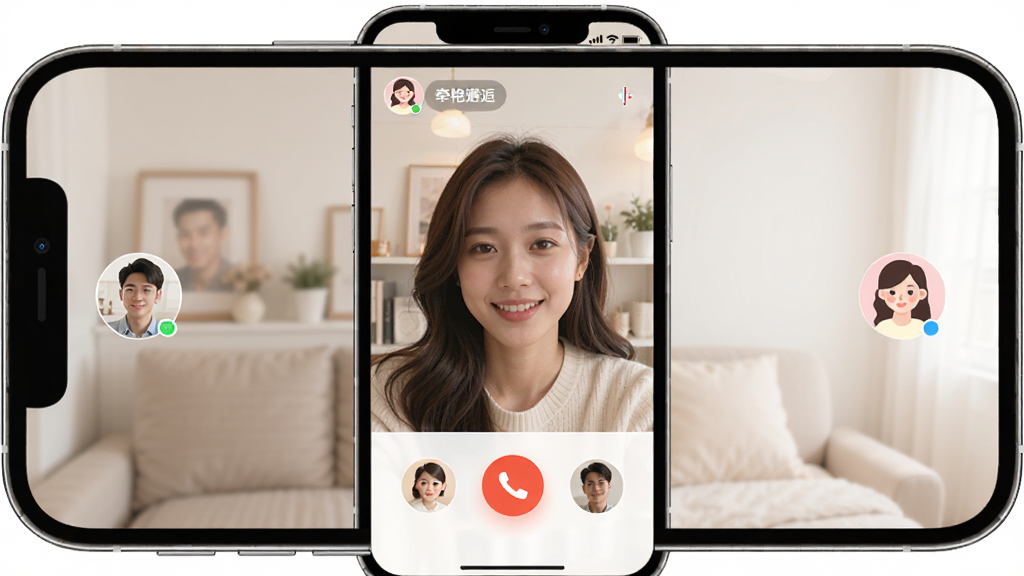 ǣ��App��Ƶ���˹��ܣ��ֻ���Ļ��ʾ��Ƶͨ�����棬����Ϊ��Ƶ���ں����밴ť�����ֶԳƣ��Ű��࣬�����ܰ��ϸ�ڰ����û�ͷ���ͨ��ͼ�꣬�����������ɾ��޶���Ԫ��