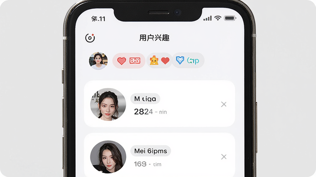 ǣ��App�����Ƽ����棬�ֻ���Ļչʾ�û���Ȥ��ǩ��ƥ������б�������Ϊ�ֻ�UI�����־��У��Ű�����������ִ���Լ��ϸ�ڰ���ͷ�����Ȥͼ�꣬���ʸ��壬�ɾ��޶���Ԫ��