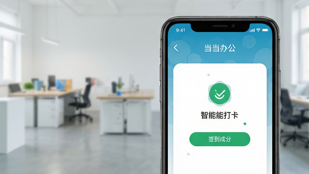 当当办公 智能打卡界面 手机屏幕 显示签到成功 干净背景 扁平化风格 高清晰度
