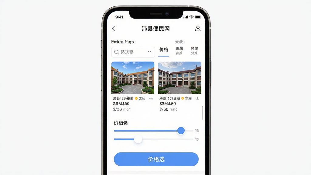 ���������ر�����APP�ķ���ɸѡҳ�棬����Ϊ�ֻ���Ļ����չʾ���Ű�չʾ����ɸѡ�ͼ۸񻬿飬���Ϊ��Լ�ִ�UI��ϸ�ڰ��������ķ�Դ����ͼ��ɸѡ��ť�������������ɾ����޶���Ԫ��