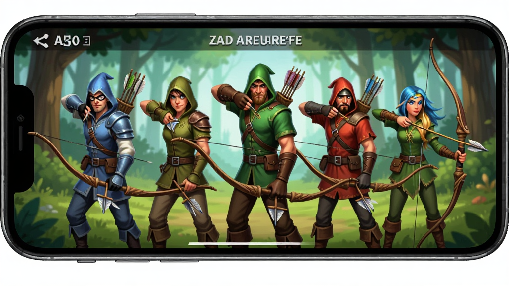 �ֻ���ĻչʾZad Archery��Ϸ��ɫѡ����棬���������ְҵ�����������룬����Ϊɭ�ֳ���������������������ϷUI��࣬�߻��ʣ��ɾ��޶���Ԫ��