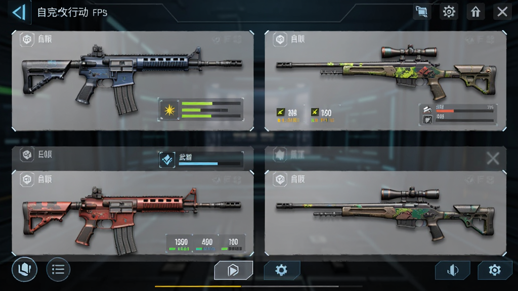 FPS�����ж���Ϸ�������Զ�����棬չʾ���ͻ����ǹ�;ѻ�ǹ��������Ļ�ϣ�����Ϊ�����ֻ�UI�����Ƽ��У�ϸ�ڰ���ǹеƤ��ɫ�ʡ�����������ťͼ�꣬�����������ɾ����޶���Ԫ��