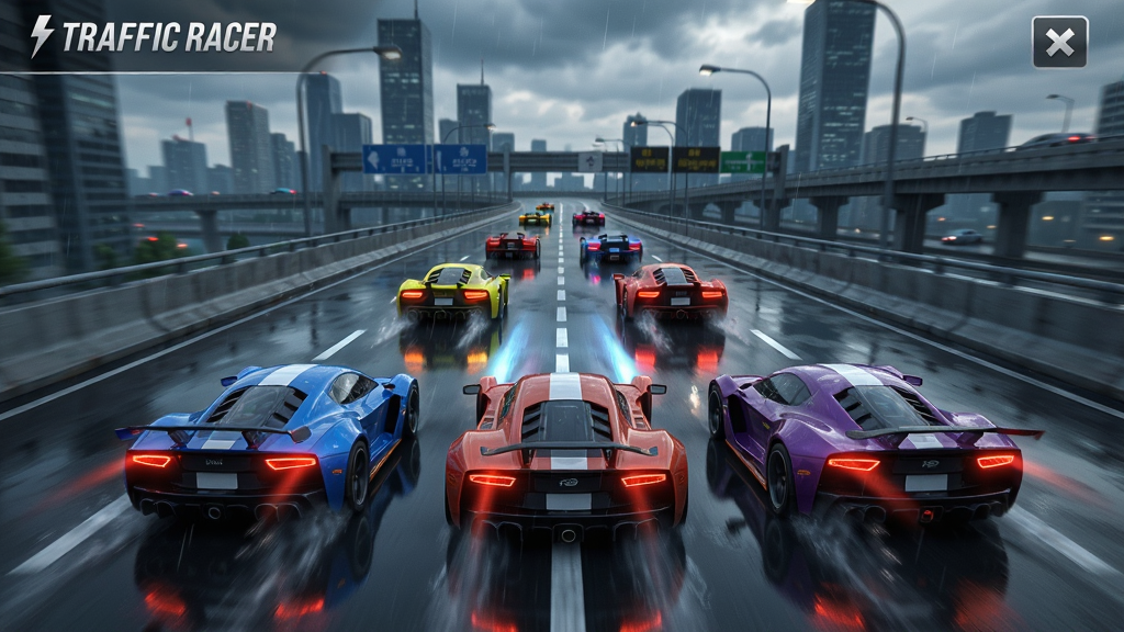 Traffic Racer Pro ��Ϸ���棬���������ڳ��и߼����Ͼ��٣�����ʪ��·�棬�����Ӱ�����廭�ʣ��ɾ��޶���Ԫ��