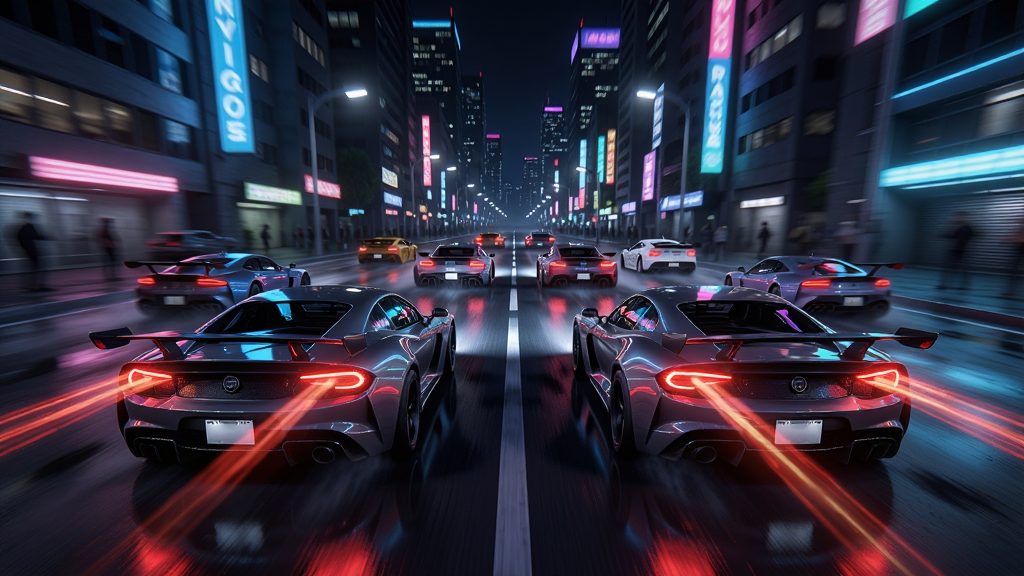 Traffic Racer Pro �೵���ٳ���������ҹ�����޺�ƹⷴ����ʪ��·�棬����β����Ӱ�����廭�ʣ��ɾ��޶���Ԫ��