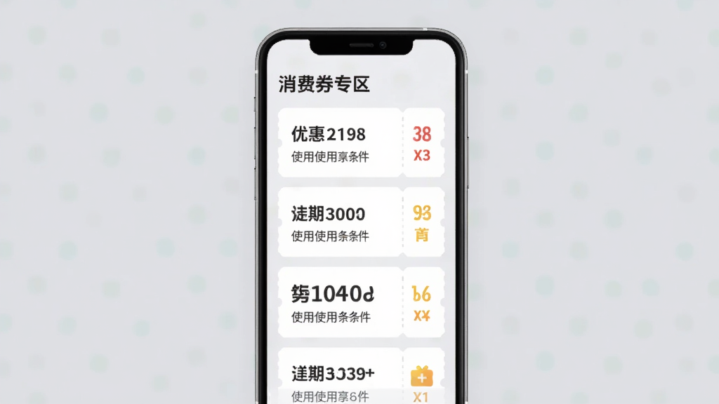 �ֻ�����չʾ���������ݡ�����ȯ��ȡҳ�棬�б����ж����Ż�ȯ��Ƭ��ÿ�ſ�Ƭ��ʾ����ʹ�������������С�����ȯר�������⣬����Ϊǳ��ɫ����ƬΪ��ɫԲ����ƣ�������¼�࣬����������������Ԫ��