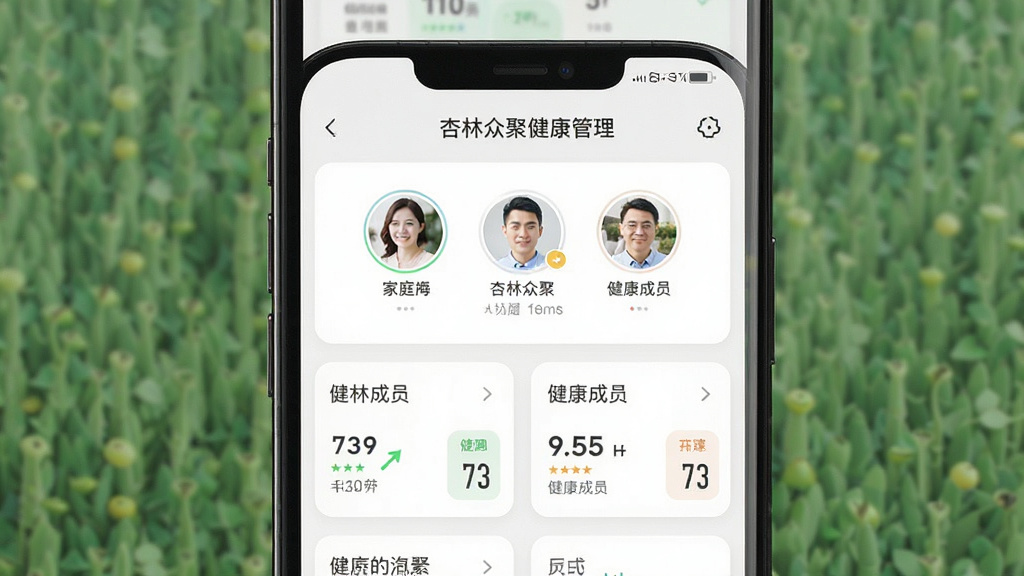 手机屏幕显示杏林众聚健康管理仪表盘,包含家庭成员头像和健康数据卡片,布局简洁,排版居中,现代简约风格,细节清晰,画质干净,无多余元素