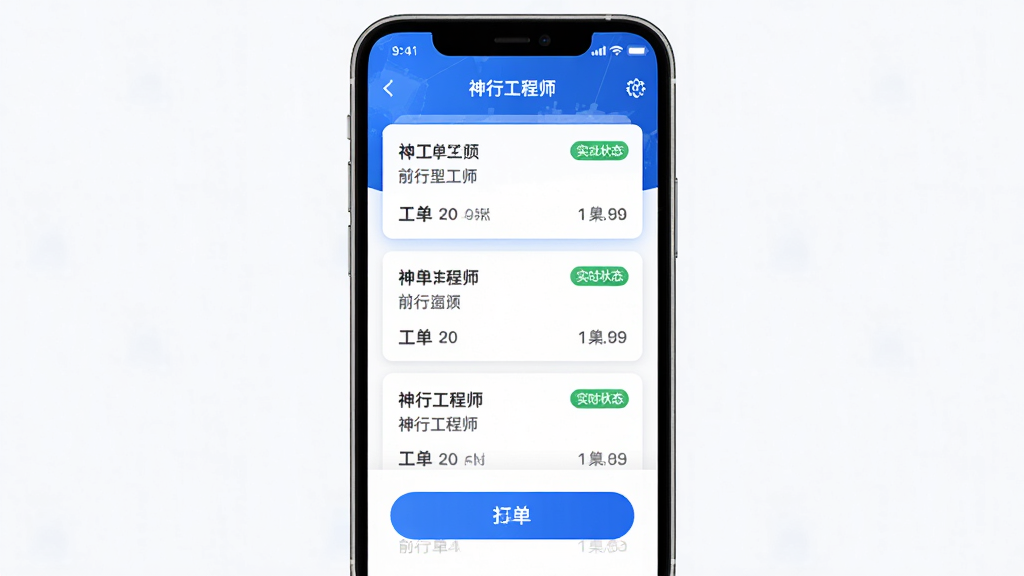 ���й���ʦAPP����չʾ������Ϊ�ֻ���Ļ����ʾ�����б���������ť������Ϊ����չʾ�ֻ�����ͼ���Ű������������Ϊ�Ƽ�����磬ϸ�ڰ�����ɫ��ɫ����������Ƭ��ʵʱ״̬��ǩ�����ʸ��壬�ɾ����޶���Ԫ�ء�