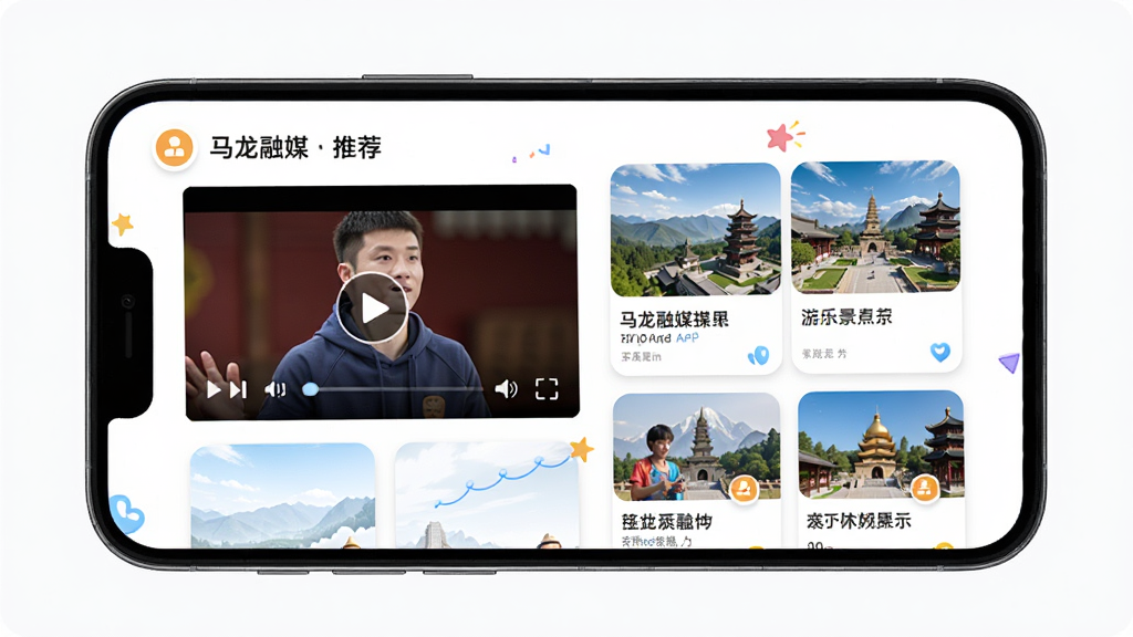 ������ýAPP��Ƶ�������飬�ֻ���Ļ��ʾ��Ƶ���Ž�������澰���Ƽ�������Ϊ�ֻ����棬����Ϊ��Ƶ������ͼ�Ŀ�Ƭ��ϣ��Ű���ã����Ϊ�������ַ磬ϸ�ڰ������Ű�ť������ͼƬ�ͱ��⣬���ʸ��壬�ɾ����޶���Ԫ��