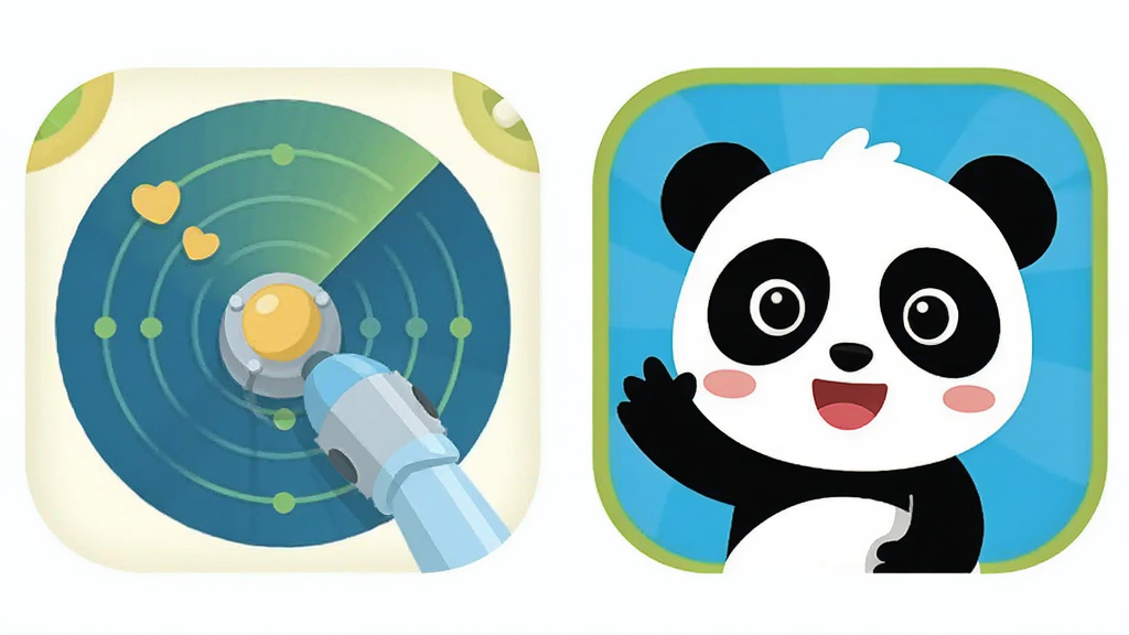 奇趣小医生与宝宝巴士功能对比示意图,主体为两个卡通应用图标并排展示,布局为左右对比排版,风格为清新扁平化设计,细节包括奇趣小医生的雷达探头元素和宝宝巴士的熊猫元素,画质清晰,画面干净,无多余元素
