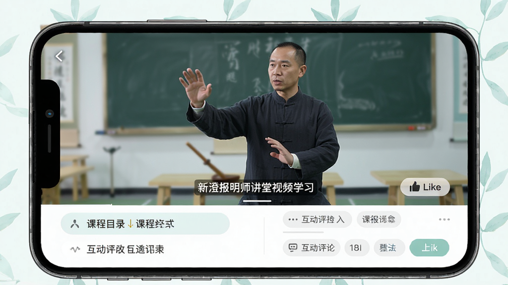 �³α���ʦ������Ƶѧϰ���棬����Ϊ�ֻ���Ļ��ʾ��ʦ����̫����������Ƶ���棬����Ϊ��Ƶ����ռ���Ϸ����·�Ϊ�γ�Ŀ¼�ͻ������������Ű��������򣬷��Ϊ���µ��ŵ�ѧϰ��Ӧ�ý��棬ϸ�ڰ���̫������ʾ������Ļ˵���͵��ް�ť�����ʸ��壬�ɾ����޶���Ԫ��