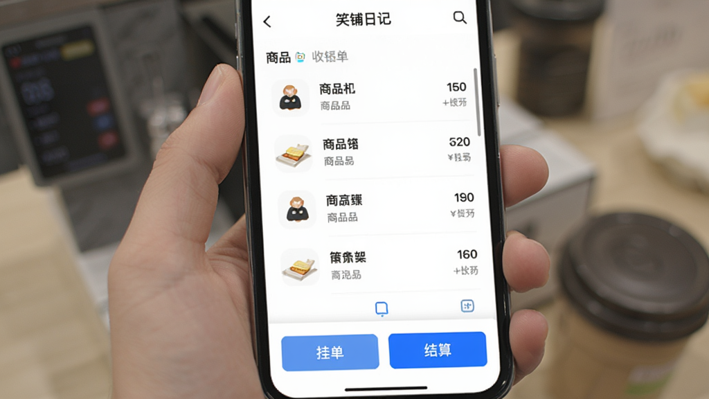 �������ֻ���Ļչʾ��Ц���ռǡ�APP�������������棬����Ϊ�������Ű��Ϸ���ʾ��Ʒ�嵥���·��йҵ���ť�ͽ��㰴ť�����Ϊ�ִ������Լ�磬ϸ�ڰ�����ɫ��������ɫ������ť����������Ʒ������۸񣬻��������ɾ��޶���Ԫ��