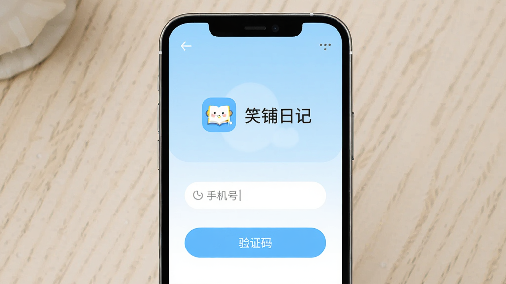 ������һ�������ֻ�����Ļ����ʾ��Ц���ռǡ�APP��ע��ҳ�棬����Ϊ��������չʾ���Ű��Ϸ�������Logo�����ƣ��·����ֻ�����������֤�밴ť�����Ϊ����ƽ����ƣ�ϸ�ڰ���ǳ��ɫ��ɫ����Բ�ǰ�ť�����������ֱ�ǩ�����ʸ���ɾ��޶���Ԫ��