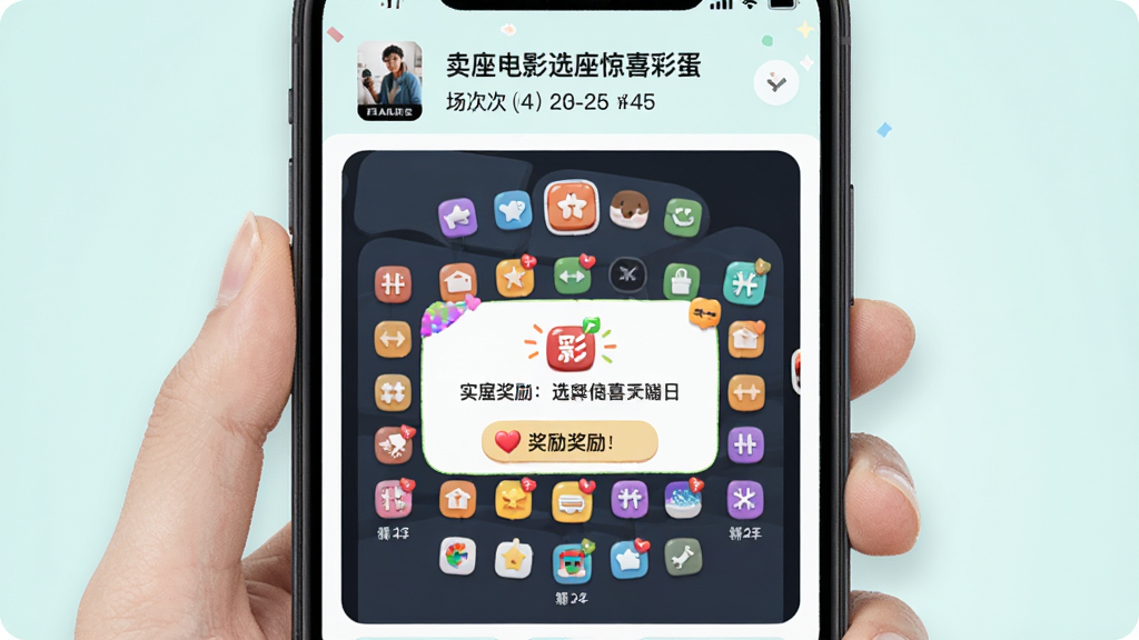 ������Ӱѡ����ϲ�ʵ����棬�ֻ���Ļ����ʾ��λͼ���ɫIconͼ�꣬���־���ͻ����λѡ�������Ű��Ϸ�Ϊ��Ӱ�����볡����Ϣ��������С���£�ϸ�ڰ����ʵ������뽱����ʾ�����������ɾ�������Ԫ��