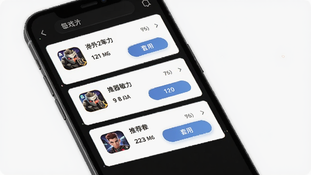 游戏画质神器灵敏度推荐界面,主体为手机屏幕显示灵敏度参数推荐列表,布局为卡片式排列,排版清晰,风格为简约浅色,细节包括不同游戏图标、推荐数值和套用按钮,画质高清,干净,无多余元素