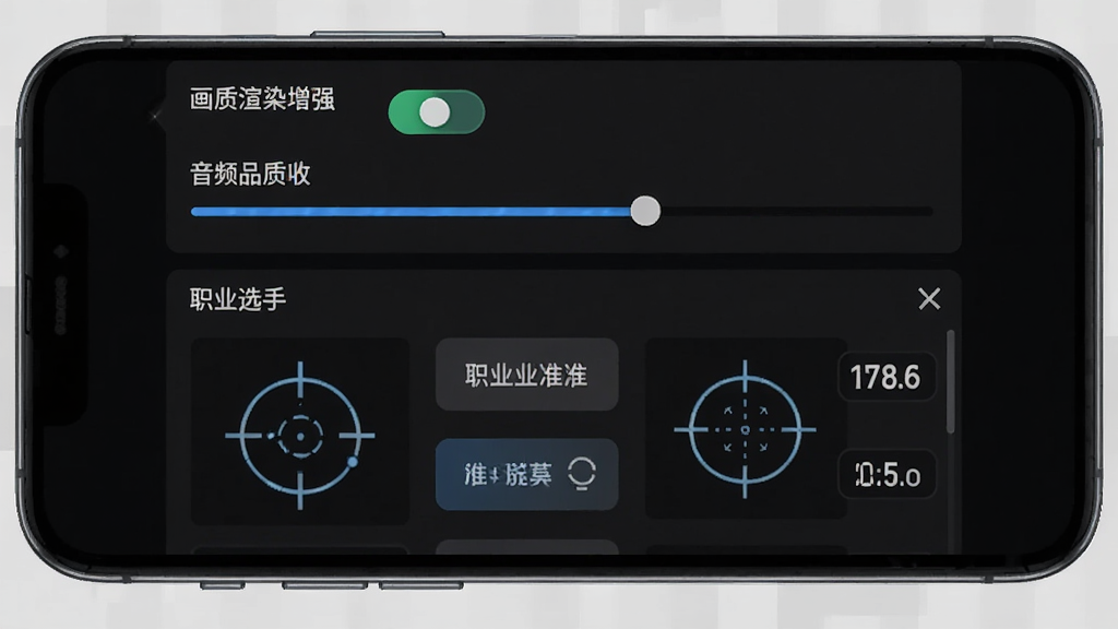 游戏画质神器软件界面截图,主体为手机屏幕显示游戏画质调节面板,布局为上下结构,上方是画质渲染增强开关和音频品质调节滑块,下方是职业选手准星样式列表,排版整齐,风格为科技感深色主题,细节包括准星预览图、调节按钮和参数数值,画质清晰,干净,无多余元素