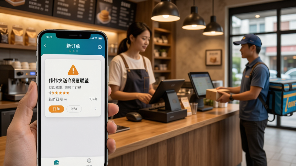 伟伟快送商家联盟应用场景展示图,主体为商户使用手机管理订单的场景,布局为前景手机屏幕显示新订单提醒,背景为店铺柜台和配送员取货画面,排版采用左右分栏构图,风格为写实摄影风,细节包含暖色调灯光、真实店铺环境、手机界面清晰可见,画质高清,干净,无多余元素