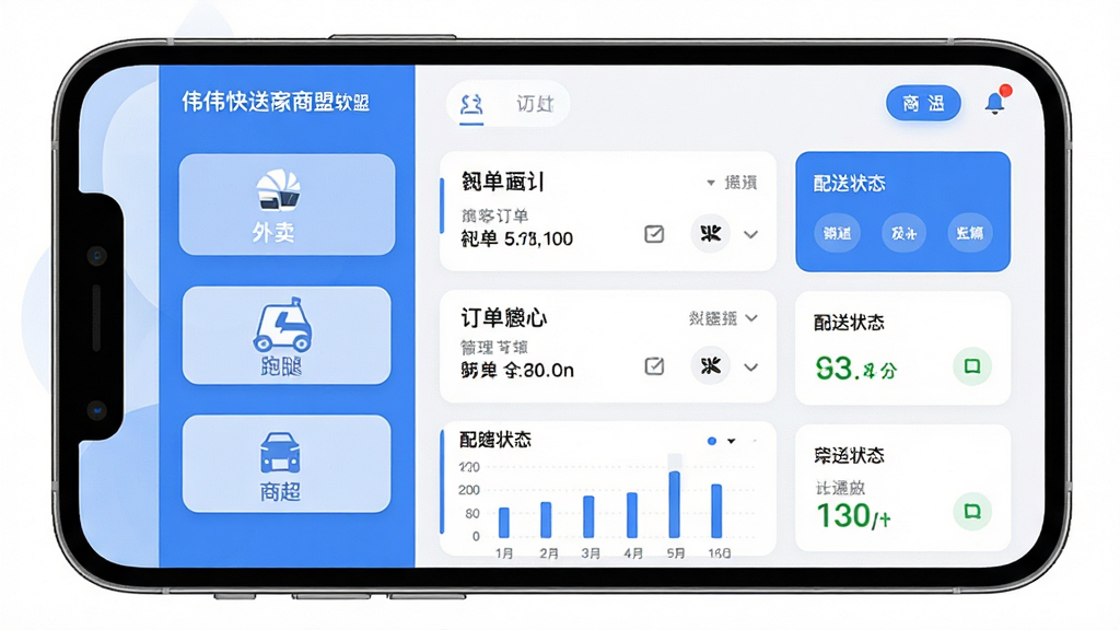 伟伟快送商家联盟软件界面截图,主体为手机屏幕展示商家后台管理面板,布局清晰:左侧为外卖、跑腿、商超三大功能入口图标,右侧为订单列表和配送状态卡片,排版简洁有序,风格为现代扁平化设计,细节包含蓝色主色调、圆角按钮、数据统计图表,画质高清,干净,无多余元素
