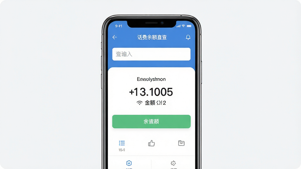 话费余额直查软件界面展示,主体为手机屏幕显示话费余额查询结果页面,布局居中,排版简洁清晰,风格为现代扁平化设计,细节包含手机外壳、查询输入框、余额数字显示,画质高清,干净,无多余元素