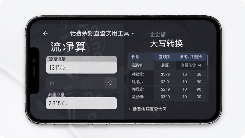 话费余额直查实用工具界面,主体为手机屏幕显示流量单位换算与金额大写转换功能,布局左右分栏,排版规整,风格为商务简约设计,细节包含换算输入框、参考对照表、示例文字,画质高清,干净,无多余元素