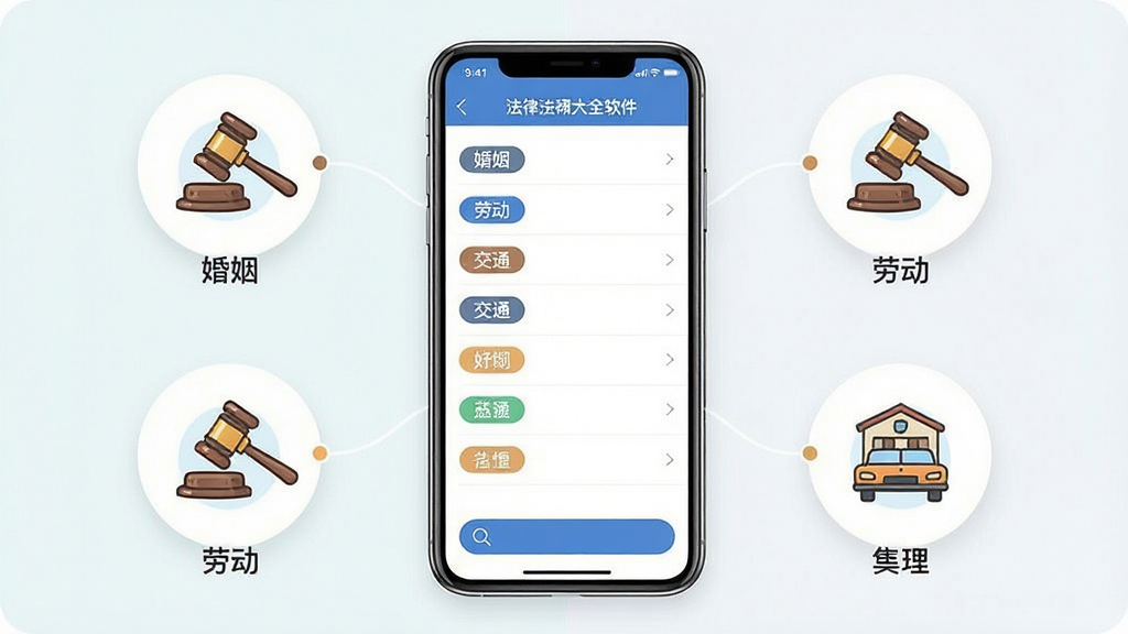 法律法规大全软件功能展示,画面中央为手机屏幕显示法律分类菜单,周围环绕婚姻、劳动、交通等场景图标,布局对称,风格清爽现代,细节有分类标签和搜索按钮,画质清晰,干净无多余元素
