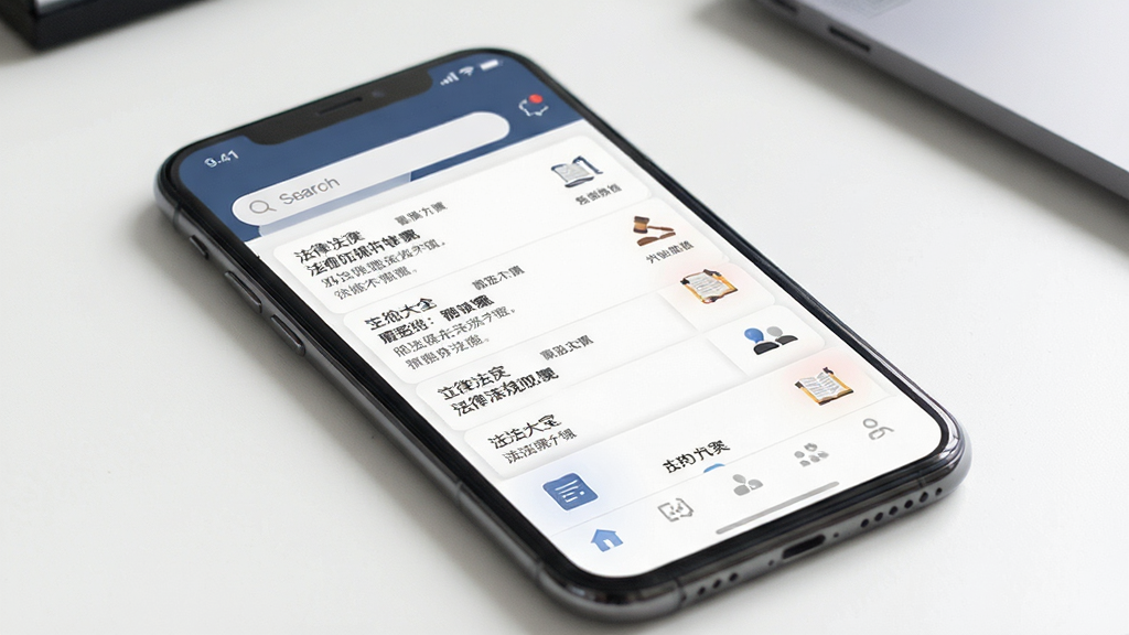 法律法规大全软件界面展示,主体为手机屏幕上的法律条文列表,布局清晰,排版整齐,风格商务简约,细节包含搜索框和分类图标,画质高清,干净无多余元素