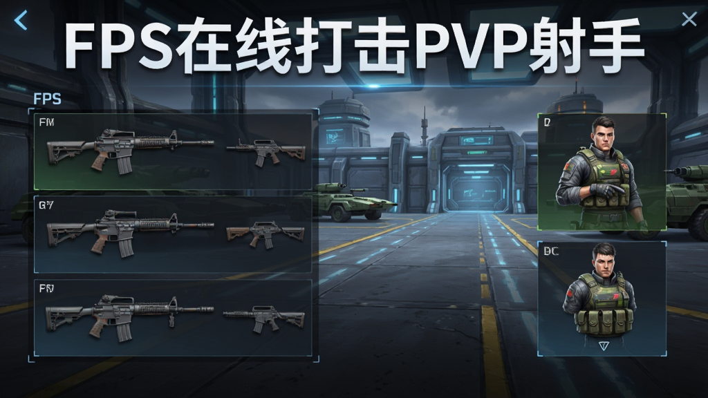FPS���ߴ��PVP���� ��Ϸ�����棬չʾ������ͽ�ɫװ���������ǿƼ���ʮ��ľ��»��أ��������С�FPS���ߴ��PVP���֡����ֱ��⣬����ִ������ϷUI�������������Ű����࣬���ʸ��壬�ɾ����޶���Ԫ��