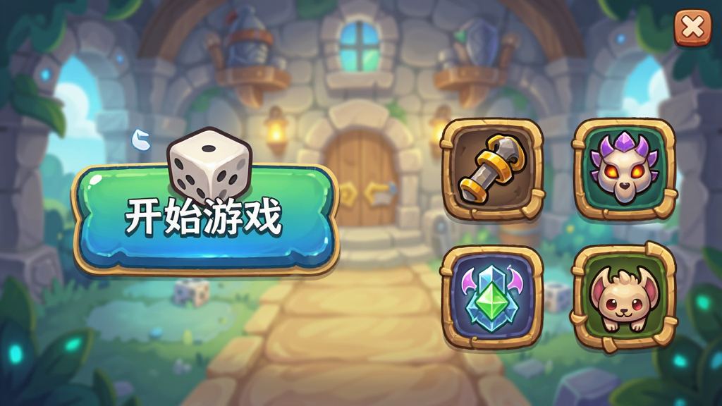 ��봫��(�����˵�)�����������棬������������ʾ��ʼ��Ϸ��ť�����ӣ��Ա���װ�����츳�����﹦�����ͼ�꣬��ͨ��÷������ɫ�����ֻ���ϷUI���ɾ����࣬���廭��