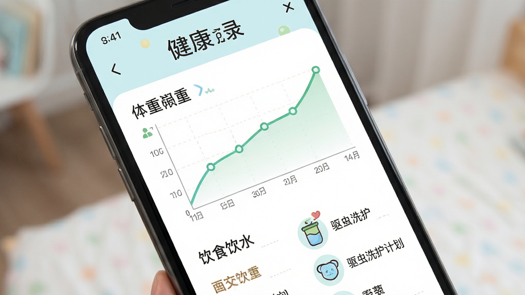 全家福萌宝 健康记录页面 手机屏幕展示 体重曲线 饮食饮水图标 驱虫洗护计划列表 布局清晰 排版整齐 风格清新浅色 细节丰富 画质高清 干净 无多余元素